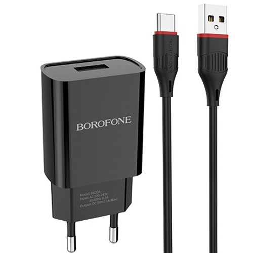 Сетевой адаптер питания Borofone BA20A Sharp Black + кабель USB-C, черный изображение