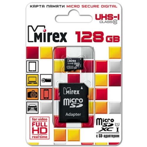 Карта памяти microSDXC Mirex, 128 Гб, UHS-I, класс 10, с адаптером (13613-AD10S128) изображение