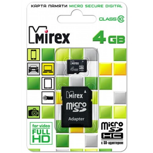 Карта памяти microSD Mirex, 4 Гб, класс 10, (13613-AD10SD04) изображение