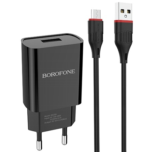 Сетевой адаптер питания Borofone BA20A Sharp Black + кабель microUSB, черный изображение