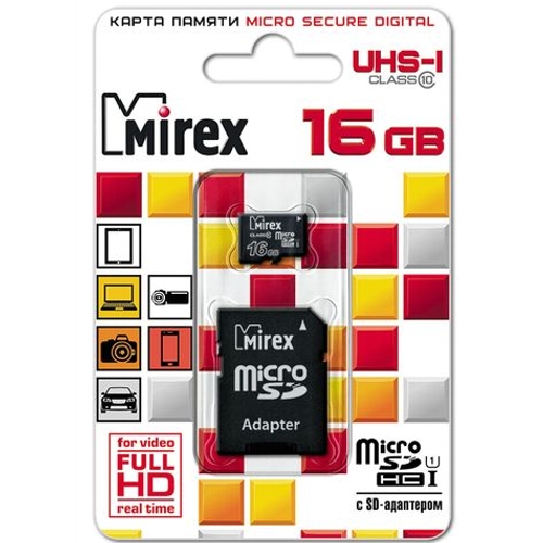 Карта памяти microSDHC Mirex 13613-ADSUHS16, 16 Гб, класс 10, (13613-ADSUHS16)  изображение