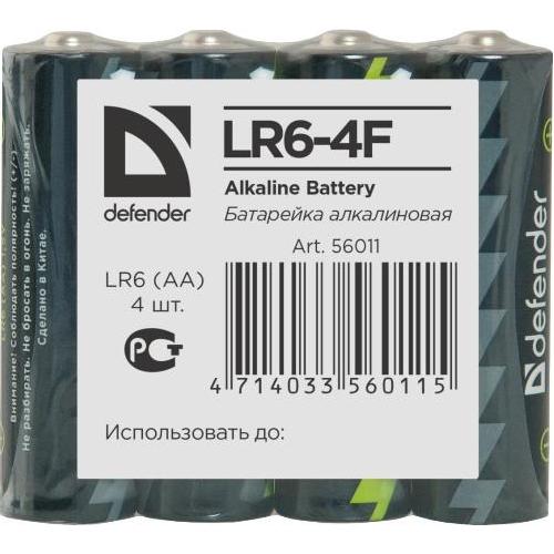 Батарейка AA щелочная Defender LR6-4F Alkaline, в термоплёнке, 4 шт. изображение