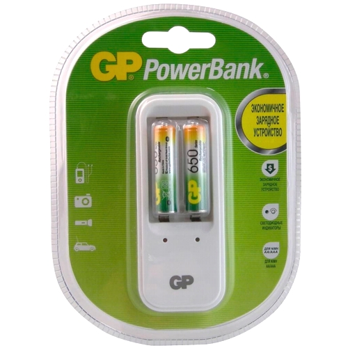 Зарядное устройство GP PowerBank 410GS АА, ААА + 2 аккумулятора AAA 650mAh изображение