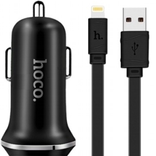 Автомобильный адаптер питания Hoco Z1 Black + кабель Lightning, черный изображение