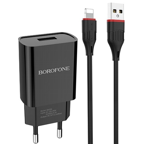 Сетевой адаптер питания Borofone BA20A Sharp Black + кабель Lightning, черный изображение