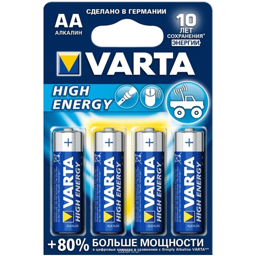 Батарейка AA щелочная Varta LR6-4BL Longlife Power (High Energy 4906), в блистере,  4 шт. изображение